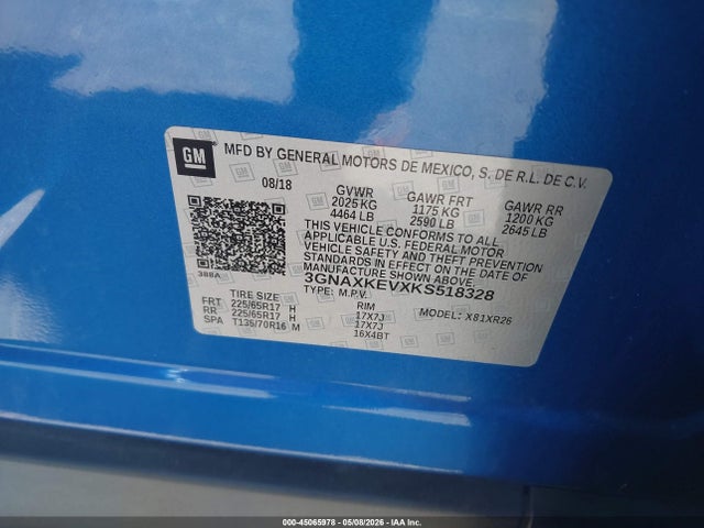 Aukcja sprzedaży 2019 Chevrolet Equinox Lt, vin: 3GNAXKEVXKS518328, numer aukcji: 45065978