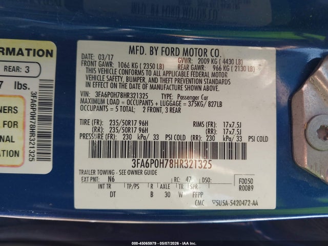 45065979 :رقم المزاد ، 3FA6P0H78HR321325 vin ، 2017 Ford Fusion Se مزاد بيع