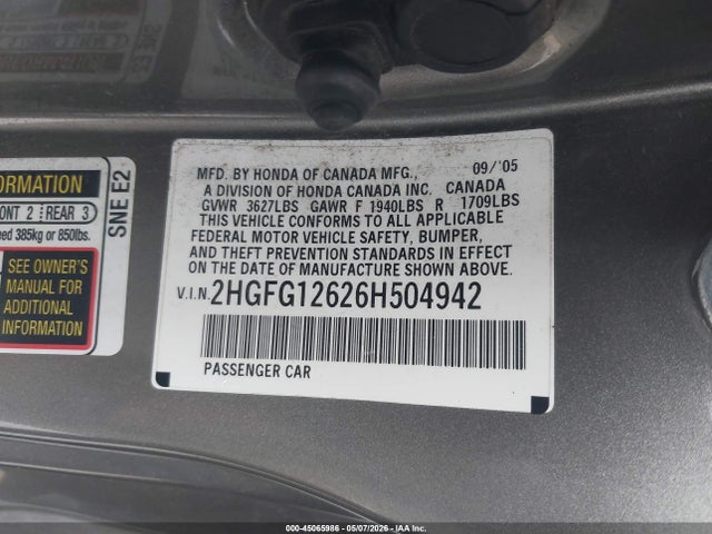 2006 Honda Civic Lx მანქანა იყიდება აუქციონზე, vin: 2HGFG12626H504942, აუქციონის ნომერი: 45065986