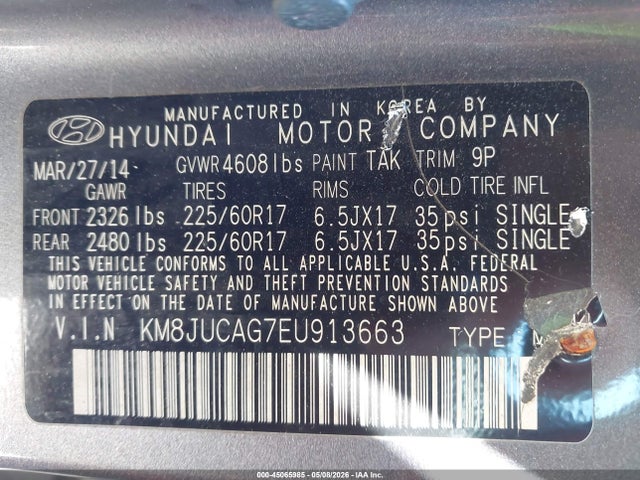45065985 :رقم المزاد ، KM8JUCAG7EU913663 vin ، 2014 Hyundai Tucson Se مزاد بيع
