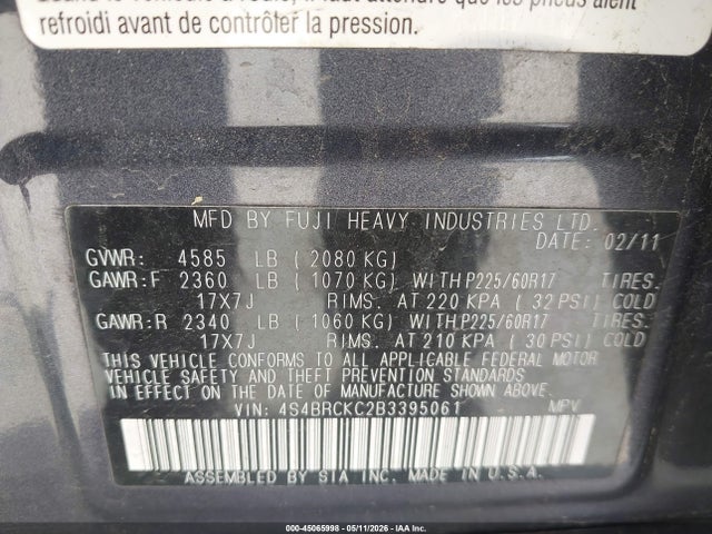 45065998 :رقم المزاد ، 4S4BRCKC2B3395061 vin ، 2011 Subaru Outback 2.5i Limited مزاد بيع