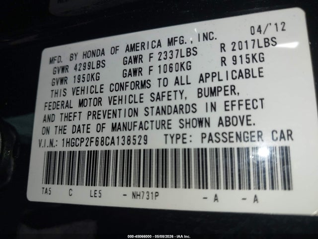 Продаж на аукціоні авто 2012 Honda Accord 2.4 Se, vin: 1HGCP2F68CA138529, номер лоту: 45066000
