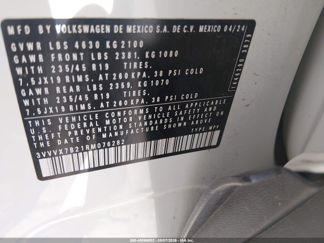 2024 Volkswagen Taos 1.5t Se მანქანა იყიდება აუქციონზე, vin: 3VVVX7B21RM076282, აუქციონის ნომერი: 45066002