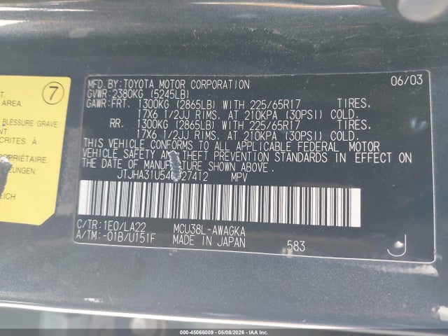 Aukcja sprzedaży 2004 Lexus Rx 330, vin: JTJHA31U540027412, numer aukcji: 45066009