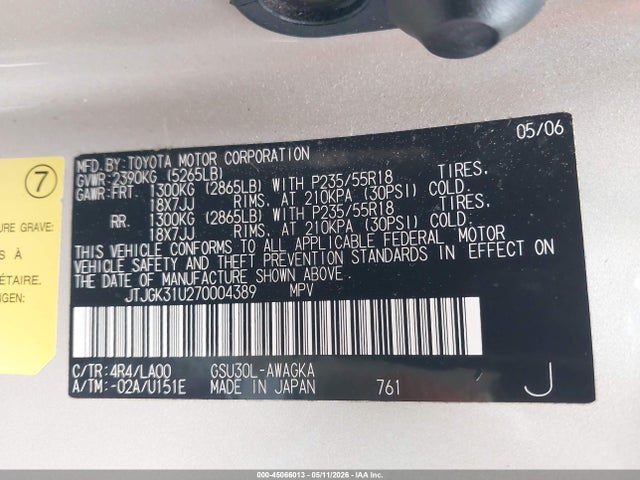 45066013 :رقم المزاد ، JTJGK31U270004389 vin ، 2007 Lexus Rx 350 مزاد بيع