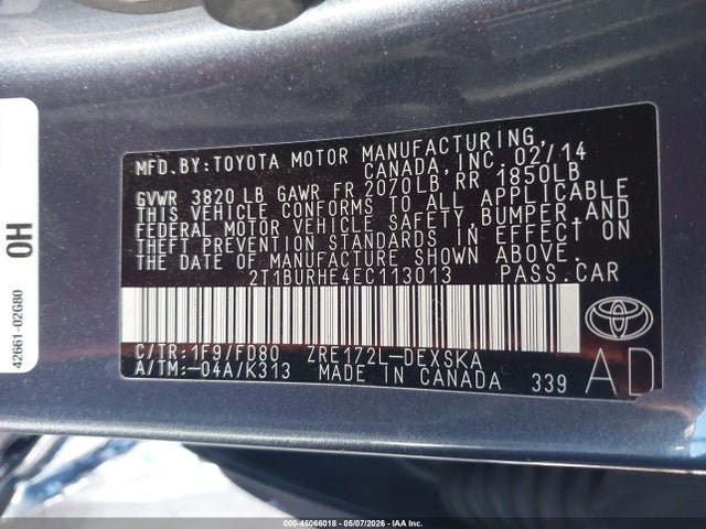 Продаж на аукціоні авто 2014 Toyota Corolla S Plus, vin: 2T1BURHE4EC113013, номер лоту: 45066018