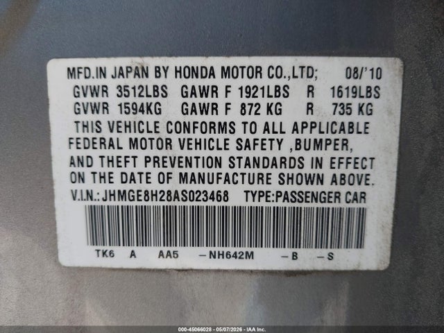 Aukcja sprzedaży 2010 Honda Fit, vin: JHMGE8H28AS023468, numer aukcji: 45066028