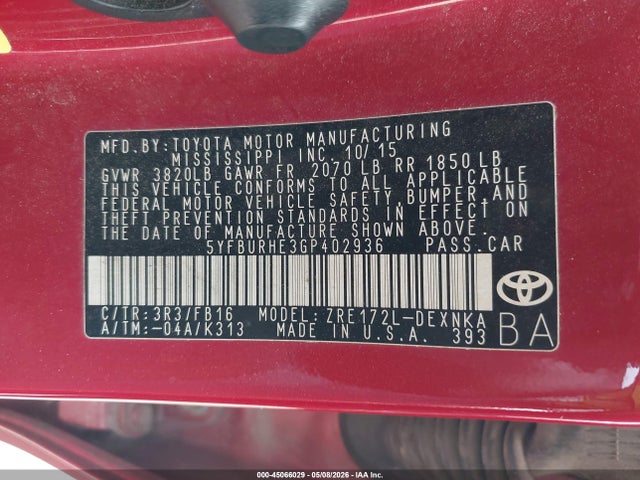 Toyota COROLLA LE 2016 5YFBURHE3GP402936 Image 9