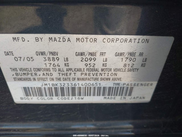 2006 Mazda Mazda3 S Grand Touring მანქანა იყიდება აუქციონზე, vin: JM1BK323361400651, აუქციონის ნომერი: 45066030