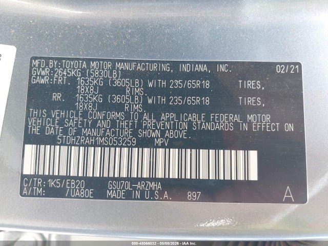 Aukcja sprzedaży 2021 Toyota Highlander Xle, vin: 5TDHZRAH1MS053259, numer aukcji: 45066032