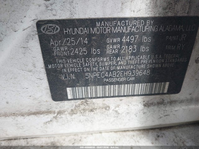 Auction sale of the 2014 Hyundai Sonata Se 2.0t, vin: 5NPEC4AB2EH939648, lot number: 45066039