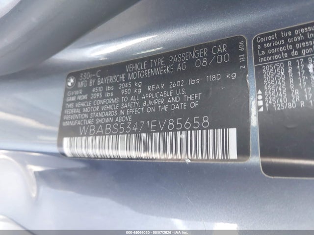 Продажа на аукционе авто 2001 Bmw 330ci, vin: WBABS53471EV85658, номер лота: 45066050