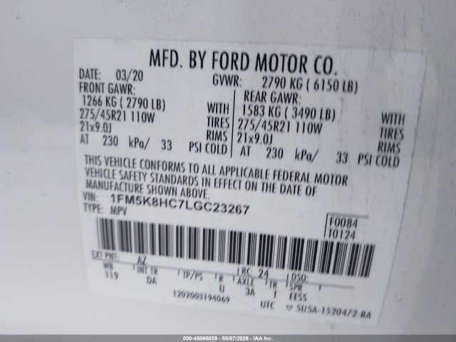 Продаж на аукціоні авто 2020 Ford Explorer Platinum, vin: 1FM5K8HC7LGC23267, номер лоту: 45066059