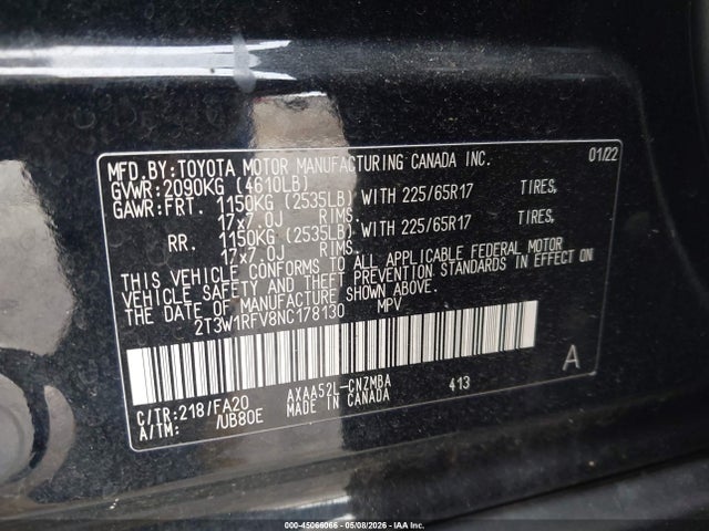 Aukcja sprzedaży 2022 Toyota Rav4 Xle, vin: 2T3W1RFV8NC178130, numer aukcji: 45066066