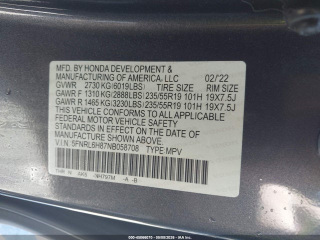 Auction sale of the 2022 Honda Odyssey Touring, vin: 5FNRL6H87NB058708, lot number: 45066070