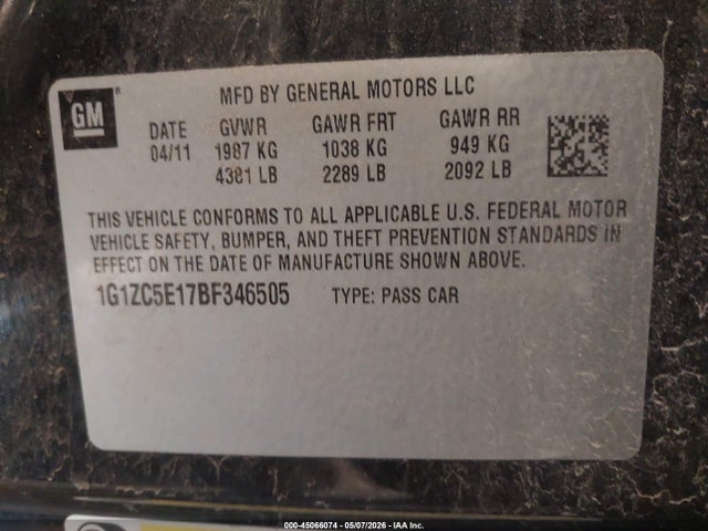 Aukcja sprzedaży 2011 Chevrolet Malibu 1lt, vin: 1G1ZC5E17BF346505, numer aukcji: 45066074