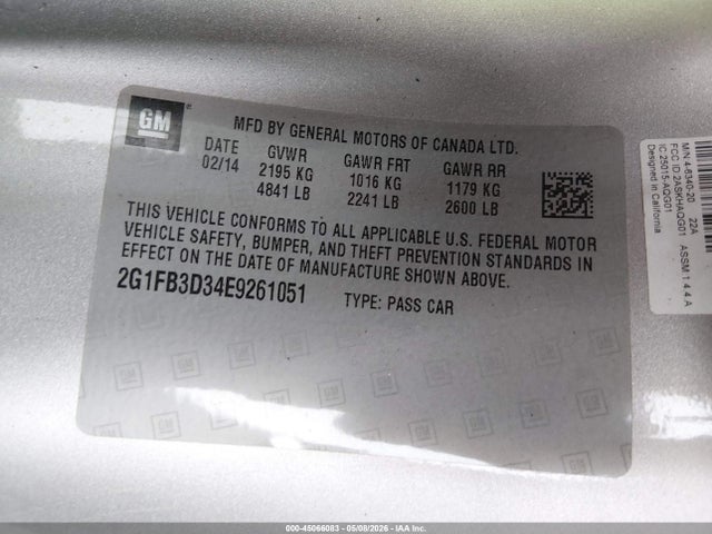 45066083 :رقم المزاد ، 2G1FB3D34E9261051 vin ، 2014 Chevrolet Camaro 1lt مزاد بيع
