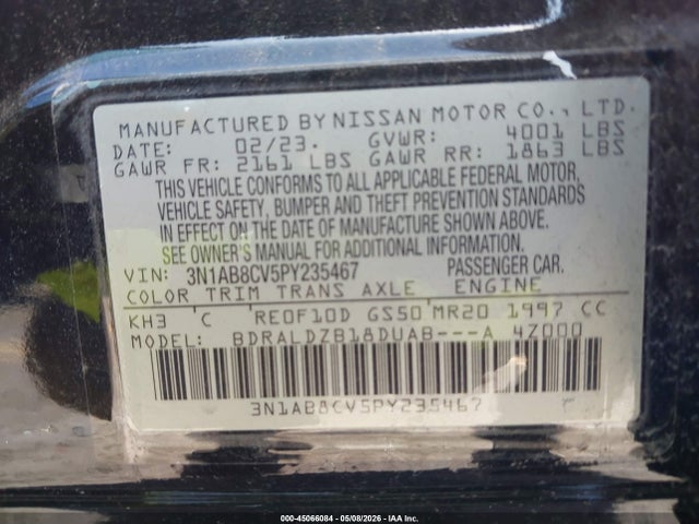 Aukcja sprzedaży 2023 Nissan Sentra Sv Xtronic Cvt, vin: 3N1AB8CV5PY235467, numer aukcji: 45066084