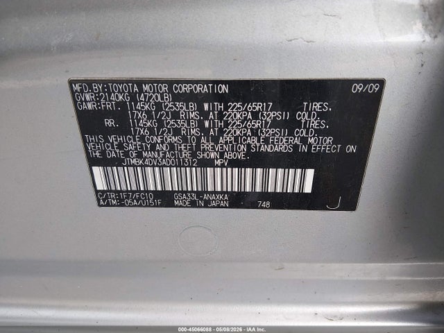 2010 Toyota Rav4 Base V6 მანქანა იყიდება აუქციონზე, vin: JTMBK4DV3AD011312, აუქციონის ნომერი: 45066088