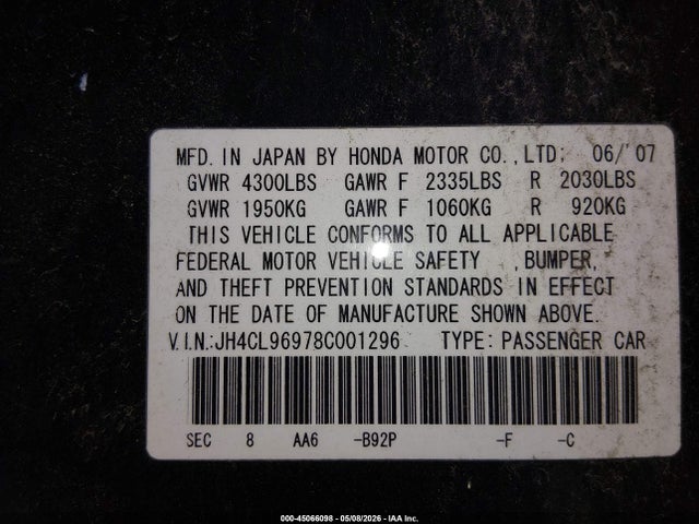 Aukcja sprzedaży 2008 Acura Tsx, vin: JH4CL96978C001296, numer aukcji: 45066098