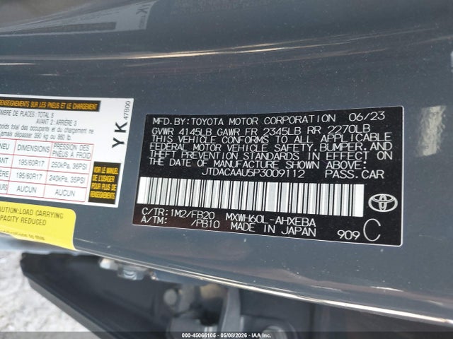 2023 Toyota Prius Le მანქანა იყიდება აუქციონზე, vin: JTDACAAU5P3009112, აუქციონის ნომერი: 45066105