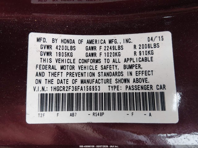 Aukcja sprzedaży 2015 Honda Accord Lx, vin: 1HGCR2F36FA156953, numer aukcji: 45066109