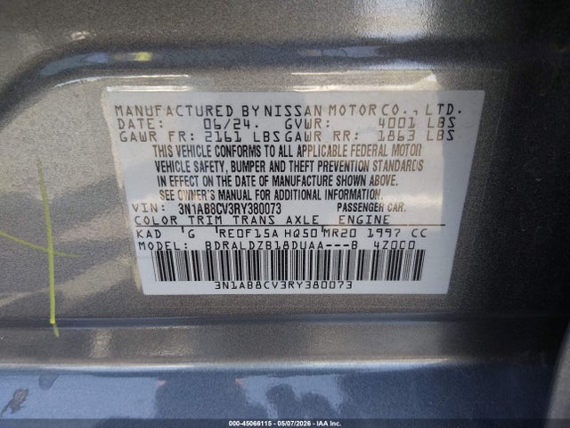 Продажа на аукционе авто 2024 Nissan Sentra Sv Xtronic Cvt, vin: 3N1AB8CV3RY380073, номер лота: 45066115