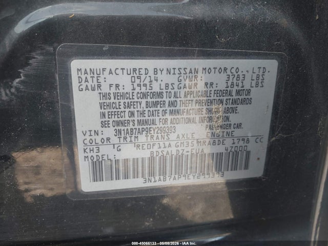 2014 Nissan Sentra Sv მანქანა იყიდება აუქციონზე, vin: 3N1AB7AP9EY299393, აუქციონის ნომერი: 45066133