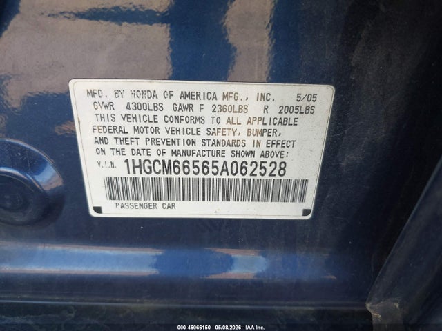 2005 Honda Accord 3.0 Ex მანქანა იყიდება აუქციონზე, vin: 1HGCM66565A062528, აუქციონის ნომერი: 45066150
