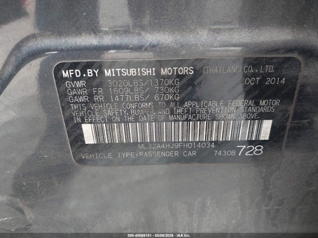 45066151 :رقم المزاد ، ML32A4HJ9FH014034 vin ، 2015 Mitsubishi Mirage Es مزاد بيع