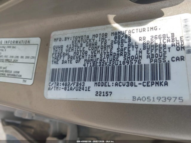 45066154 :رقم المزاد ، 4T1BE32K22U109576 vin ، 2002 Toyota Camry Le مزاد بيع