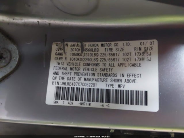 45066174 :رقم المزاد ، JHLRE487X7C052281 vin ، 2007 Honda Cr-v Ex-l مزاد بيع