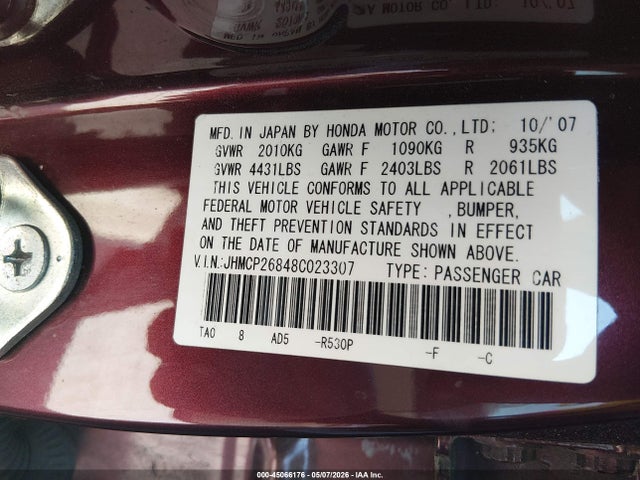 2008 Honda Accord 2.4 Ex-l მანქანა იყიდება აუქციონზე, vin: JHMCP26848C023307, აუქციონის ნომერი: 45066176