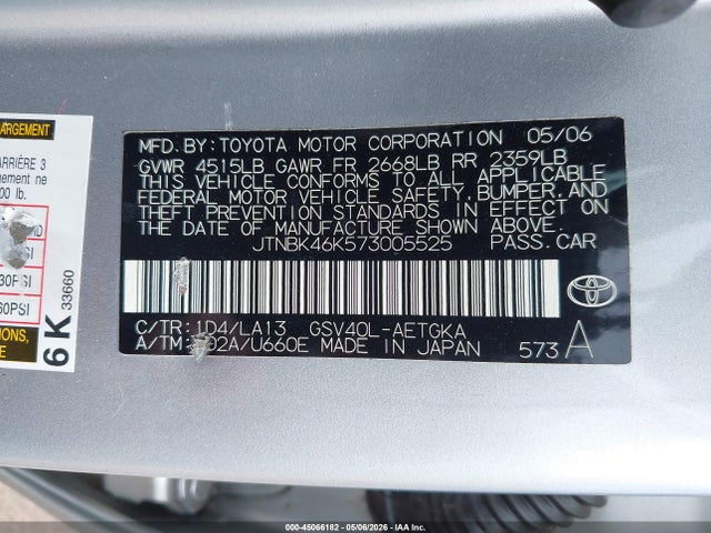 2007 Toyota Camry Le V6/se V6/xle V6 მანქანა იყიდება აუქციონზე, vin: JTNBK46K573005525, აუქციონის ნომერი: 45066182