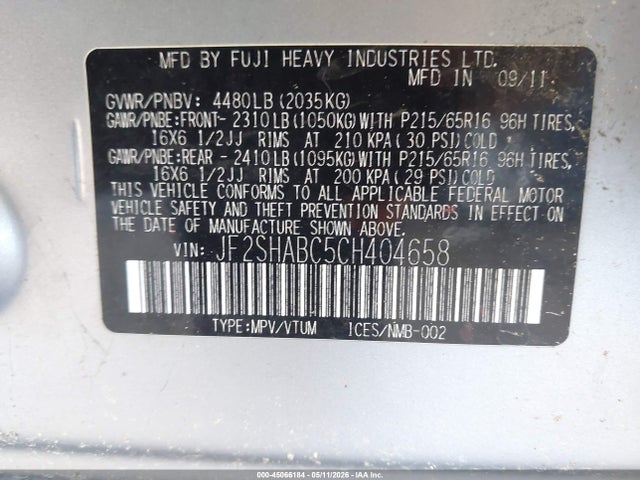 45066184 :رقم المزاد ، JF2SHABC5CH404658 vin ، 2012 Subaru Forester 2.5x مزاد بيع