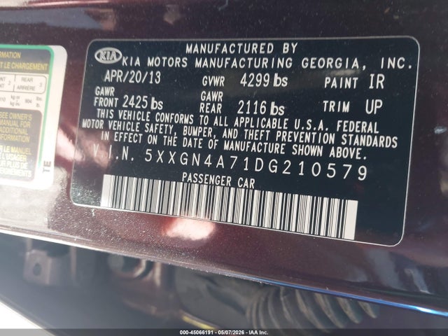 Продажа на аукционе авто 2013 Kia Optima Ex, vin: 5XXGN4A71DG210579, номер лота: 45066191