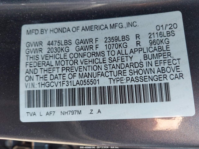 2020 Honda Accord Sport მანქანა იყიდება აუქციონზე, vin: 1HGCV1F31LA055501, აუქციონის ნომერი: 45066196