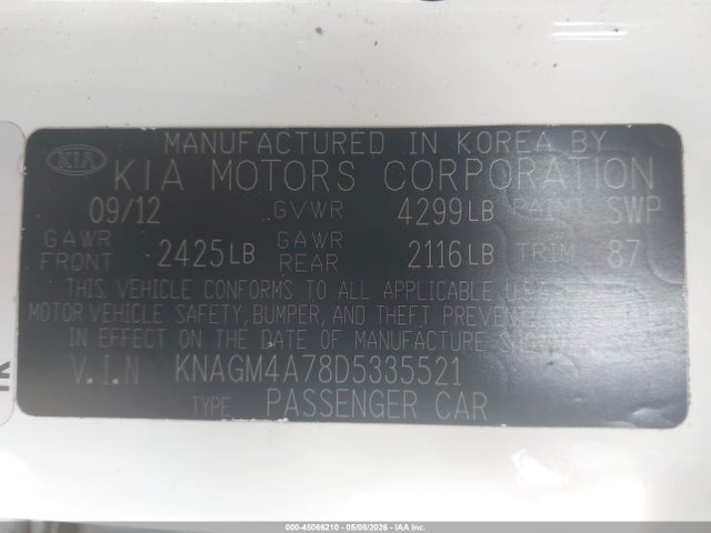 2013 Kia Optima Lx მანქანა იყიდება აუქციონზე, vin: KNAGM4A78D5335521, აუქციონის ნომერი: 45066210