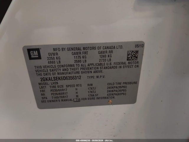 Продаж на аукціоні авто 2013 Gmc Terrain Sle-2, vin: 2GKALSEK6D6356312, номер лоту: 45066230