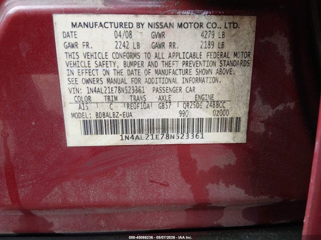 Продаж на аукціоні авто 2008 Nissan Altima 2.5 S, vin: 1N4AL21E78N523361, номер лоту: 45066236