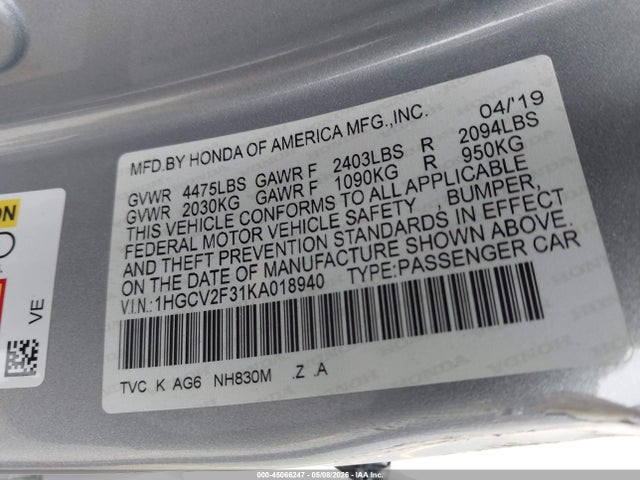 1HGCV2F31KA018940 Honda Accord Sport 2.0t