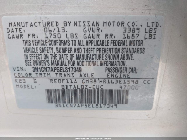 3N1CN7AP5EL817349 Nissan Versa 1.6 Sv