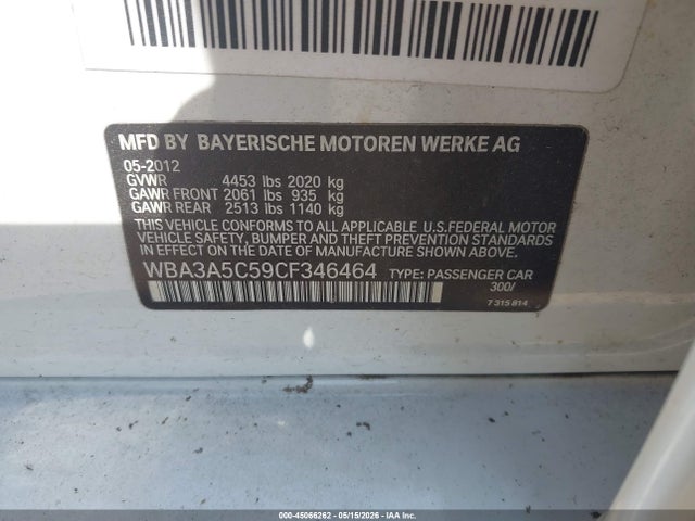 2012 Bmw 328i მანქანა იყიდება აუქციონზე, vin: WBA3A5C59CF346464, აუქციონის ნომერი: 45066262