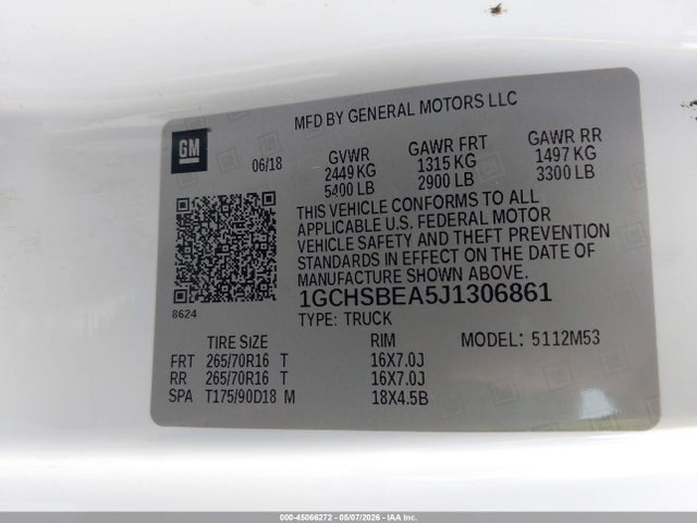 Продаж на аукціоні авто 2018 Chevrolet Colorado Wt, vin: 1GCHSBEA5J1306861, номер лоту: 45066272
