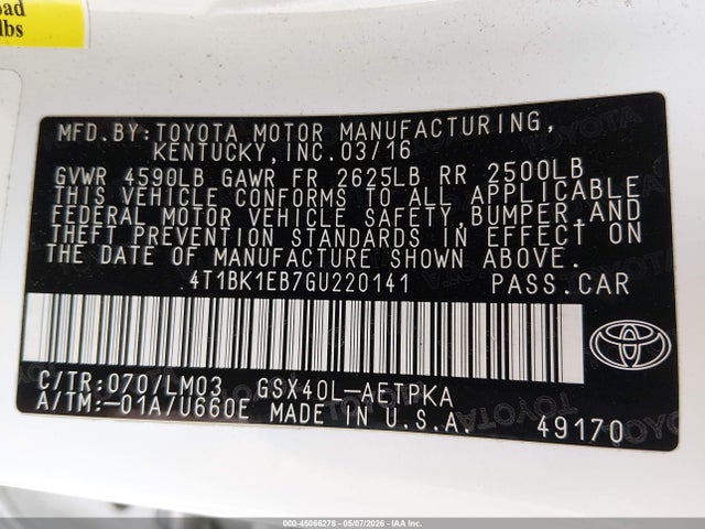 45066278 :رقم المزاد ، 4T1BK1EB7GU220141 vin ، 2016 Toyota Avalon Limited مزاد بيع