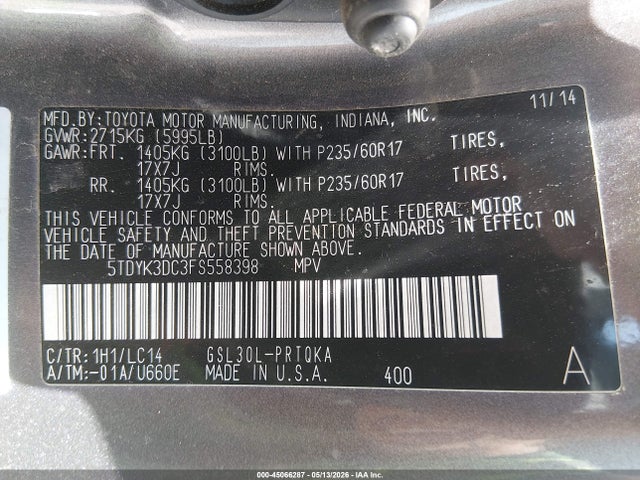 5TDYK3DC3FS558398 Toyota Sienna Xle 8 Passenger