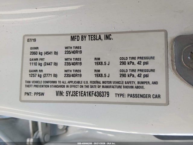 Tesla Model 3 Long Range/mid Range/standard Range/standard Range Plus 2019 5YJ3E1EA1KF436379 Image 9