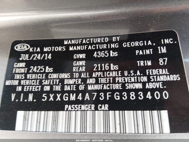 KIA Optima Lx 2015 5XXGM4A73FG383400 Image 9