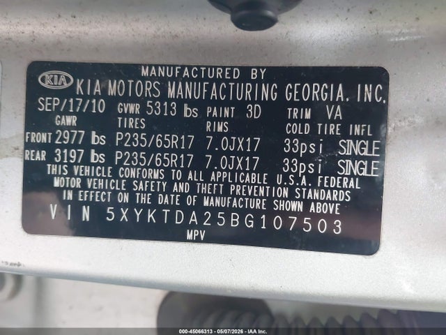 2011 Kia Sorento Lx V6 მანქანა იყიდება აუქციონზე, vin: 5XYKTDA25BG107503, აუქციონის ნომერი: 45066313