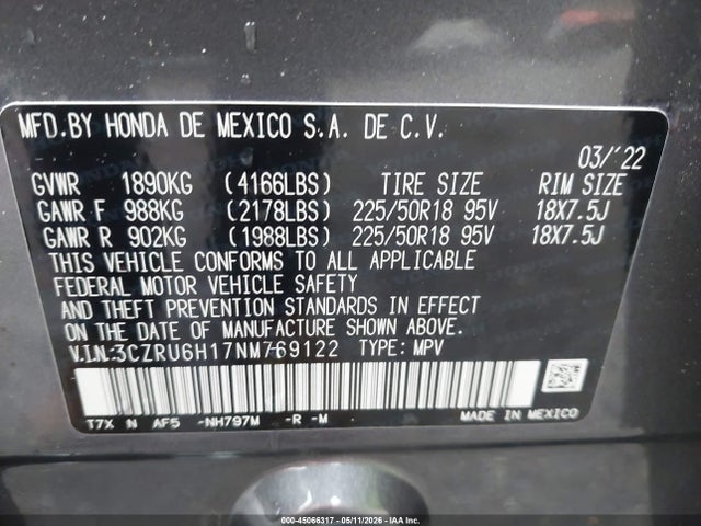 45066317 :رقم المزاد ، 3CZRU6H17NM769122 vin ، 2022 Honda Hr-v Awd Sport مزاد بيع